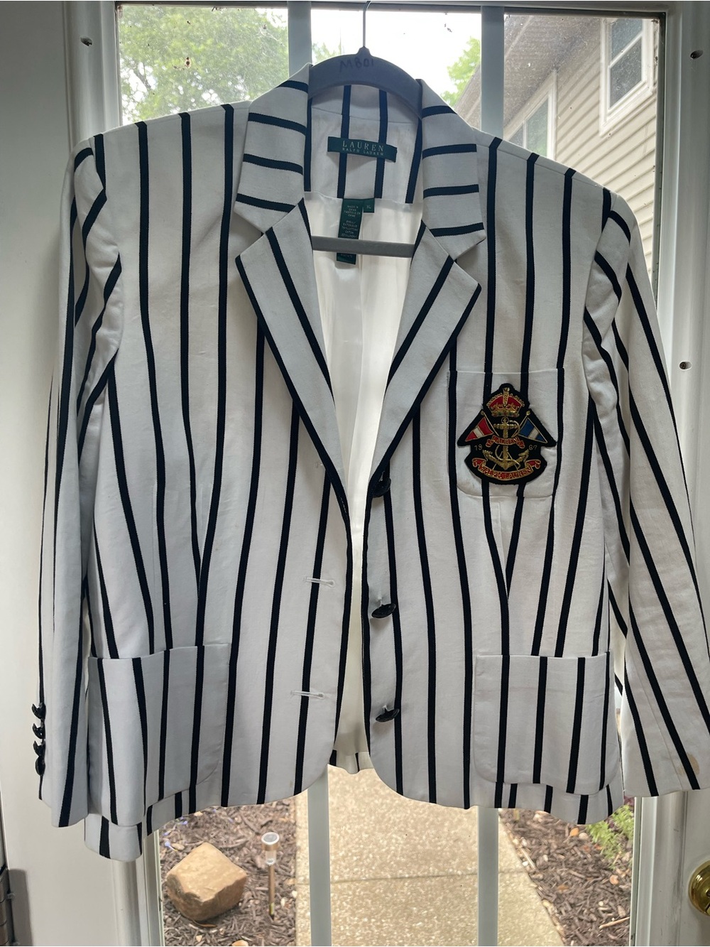 Ralph Lauren White Blazer with Navy Stripes and Crest Patch